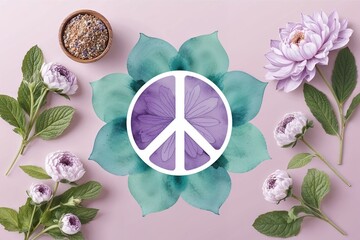 Watercolor Peace-Themed Flower Grouping in Soft Lilac and Mint for Meditation Retreats, Invitations, and Wellness Products