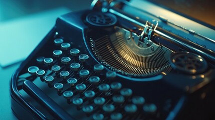 Close-up of a vintage typewriter, illuminated by soft blue light, showcasing its intricate mechanical components and keys.