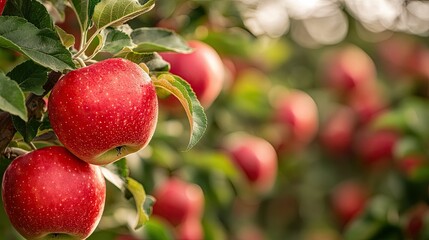 Obraz premium Fresh Red Apples Hanging on a Tree Branch in an Orchard Surrounded by Lush Green Leaves Under a Soft, Warm Light in Late Summer Season