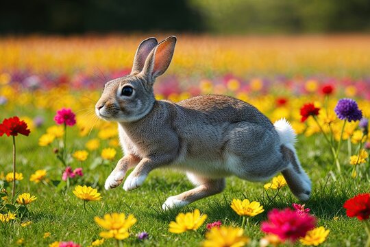 Joyful Rabbit Leaping Through Vibrant Flower Meadow