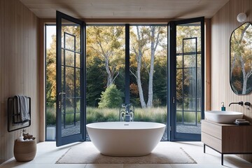 Fototapeta premium Contemporary Bathroom Design Featuring Expansive French Windows and Serene Nature Scenery
