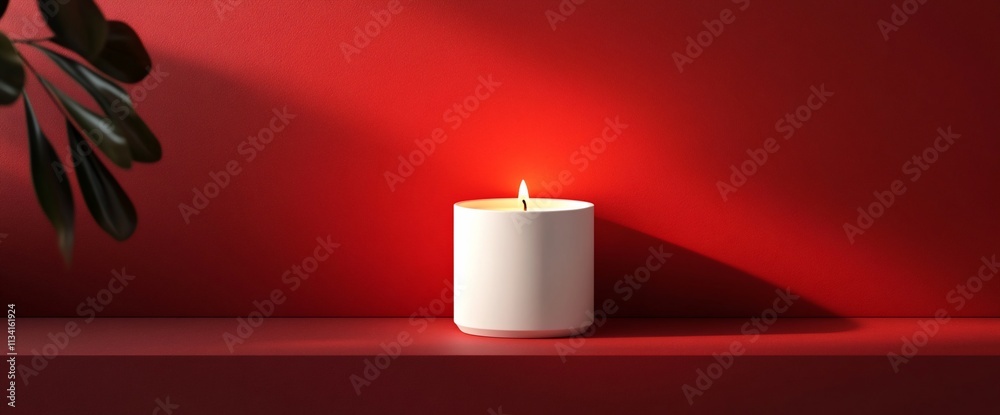 Poster a lit candle on a red shelf, creating a warm and inviting atmosphere.