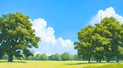 Selbstklebende Fototapeten A tranquil summer landscape featuring two large oak trees standing tall in a golden field under a bright blue sky with fluffy clouds. © StirfryMoJi
