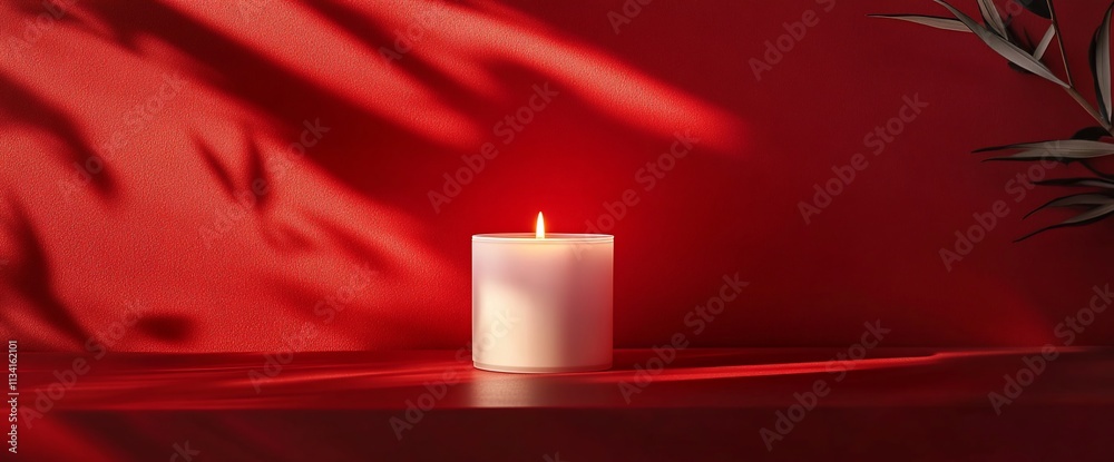 Aufkleber a lit white candle on a red surface, casting soft shadows and light.