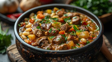 Irish stew Jambalaya on wooden board