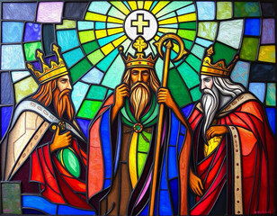Three Kings. Artistic illustration painted with oil paint. Colorful stained glass. Christmas card and cover design