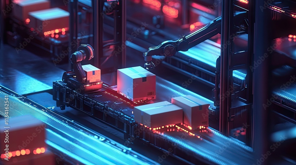Poster advanced robotics in automated warehouse with boxes moving on conveyor belt, highlighting ai technol