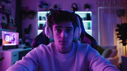 Cinematic shot of an influencer talking to the camera while streaming, wearing white headphones and sitting in front of his gaming setup with purple lighting