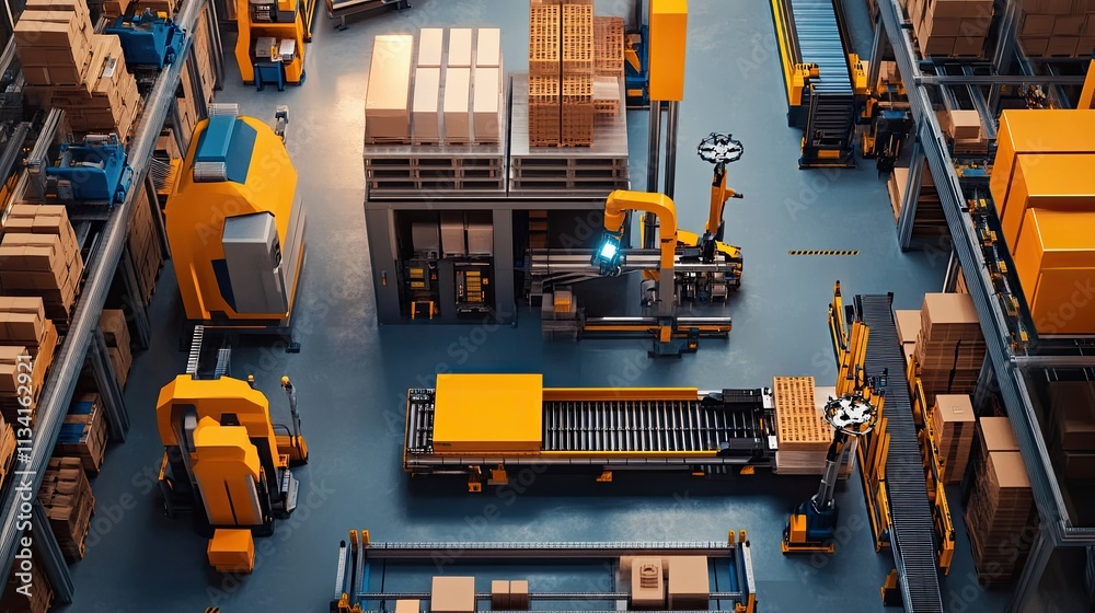 Poster aerial view of automated warehouse with robotics and conveyor systems for efficient logistics manage