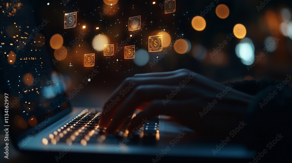 Poster A person typing on a laptop with floating currency symbols in a glowing background.
