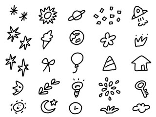 いたずら書き風のキラキラ・月・宇宙・花火・豆電球の可愛いアイコンセット