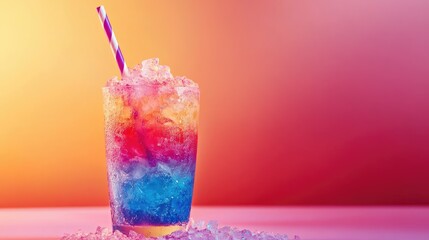 Colorful Summer Drink with Ice and Straw on a Vibrant Gradient Background, Perfect Refreshment for Hot Days and Summer Parties, Capturing Joy and Celebration