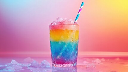 Refreshing Colorful Layered Drink with Ice in a Glass Cup Set Against a Vibrant Pink and Blue Background