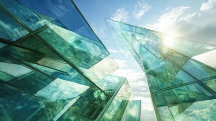 A conceptual structure with overlapping angular glass panels, creating kaleidoscopic reflections under the sunlight