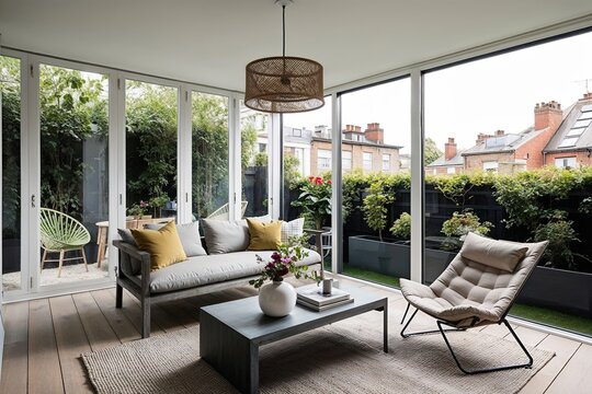 Spacious Garden Apartment with Large Windows and Comfortable Seating in Modern Minimalist Style