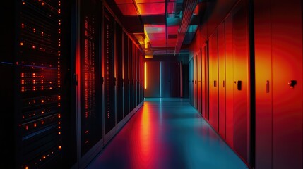 The bright lights of data storage systems contrast against the dark background of the server room.