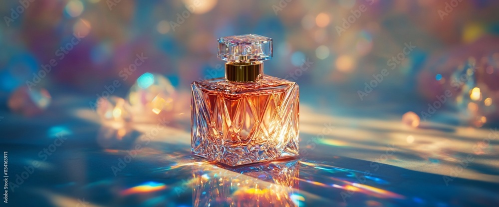 Poster A sparkling perfume bottle on a reflective surface with colorful bokeh.
