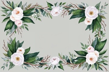 Fototapeta premium Elegant Watercolor Border Design Featuring Lush Green Leaves White Flowers Roses Peonies and Graceful Branches Ideal for Wedding Stationery and Sentimental Greetings