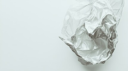 Obraz premium Crumpled Aluminum Foil Texture on Soft White Surface, Abstract Background for Design, Artistic Challenge, and Minimalist Aesthetic in Contemporary Style