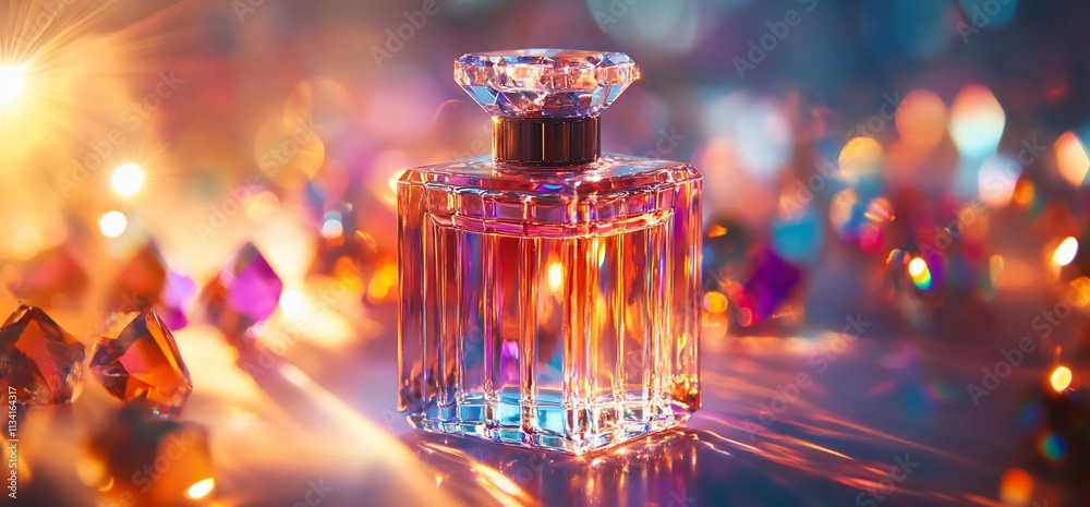 Poster A sparkling perfume bottle surrounded by colorful gems and soft lighting.
