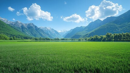 Fototapeta premium A serene landscape featuring a vast green field.