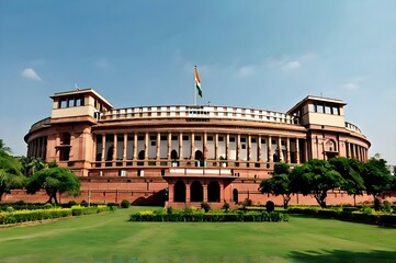 Majestic Circular Dome of Indian Parliament Building Against Blue Sky with Lush Green Lawns in the Foreground – A Panoramic View of Architectural Elegance.