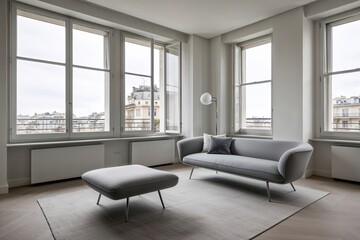Fototapeta premium Discovering a Modern Minimalist Flat with Abundant Windows and Chic Chaise Lounge