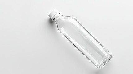 Naklejka premium Empty Clear Glass Bottle with White Cap on a Minimalist Background for Use in Beverage Packaging, Health, Eco-Friendly Concepts, and Mockup Designs