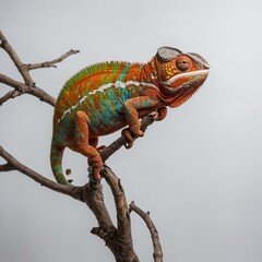 A vibrantly colored chameleon perched on a branch on a white background.