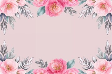 Obraz premium Pastel Pink Flower Watercolor Seamless Border with Silver Branches for Event Decoration and Craft Projects