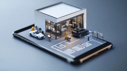 Fototapeta premium Miniature car service center on a smartphone.