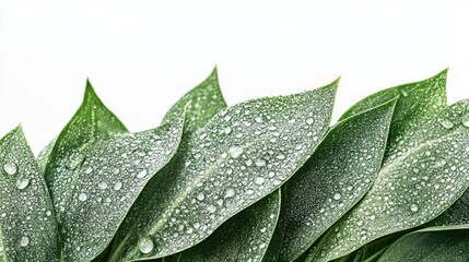 Fototapeta premium Fresh Green Leaves with Water Drops on a Light Background, Perfect for Illustrating Nature, Gardening, and Wellness Concepts in Stock Photography