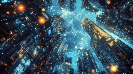 The concept of high-speed internet connection visualized as glowing cable webs sending digital data over spectacular futuristic cyberpunk cityscape with skyscrapers. Digital art 3D illustration.