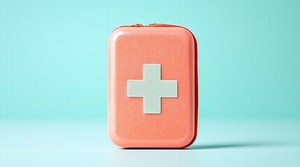 Fototapeta premium Compact coral first aid kit against teal background. Portable healthcare solutions