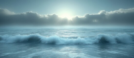Fototapeta premium Serene ocean waves crashing on shore under a cloudy sky.