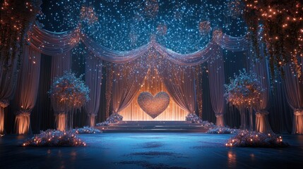 Enchanting Wedding Venue with Heart-Shaped Light Display and Elegant Drapery Under a Starry Night Sky
