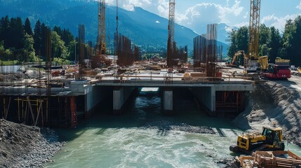 A concrete bridge under construction, with temporary supports and heavy machinery on-site near a flowing river