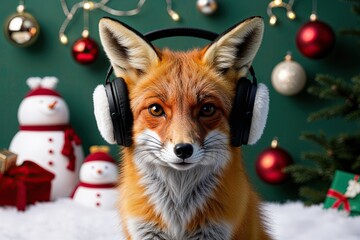 Fototapeta premium Cheerful Fox Wearing Earmuffs in a Joyful Winter Scene