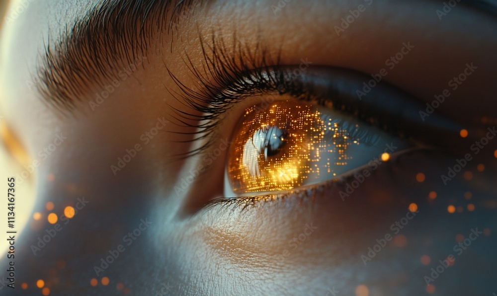 Poster close-up of a mesmerizing eye with golden sparkles and reflections.
