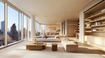 Fototapeta premium A contemporary minimalist apartment with open shelving, large windows, and light-colored furniture to enhance the airy feel