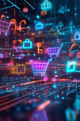 Futuristic Digital Interface with Floating 3D Shopping Icons in Neon Colors