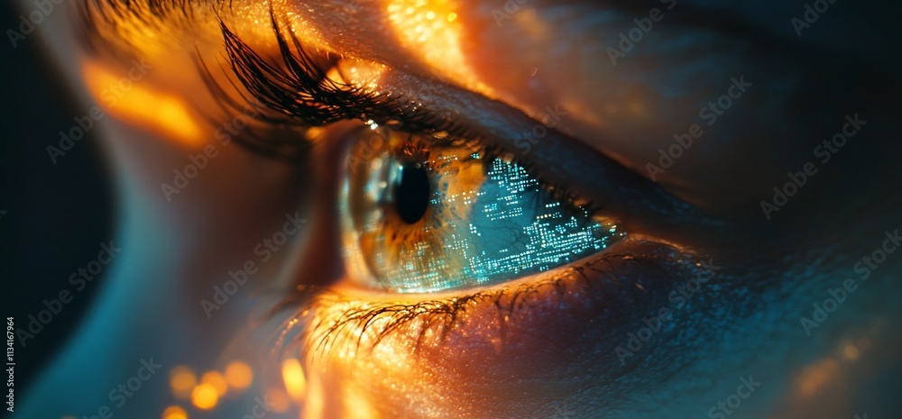 Poster Close-up of an eye reflecting vibrant colors and light patterns.