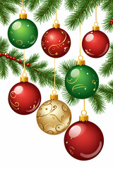 A white background features a Christmas tree with red. green ornaments. snowflakes. stars. and holly leaves.
