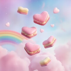 Fototapeta premium A whimsical scene featuring heart-shaped macarons floating in a pastel sky with clouds and a rainbow.