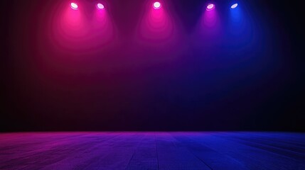 The dark stage shows empty dark blue purple pink background