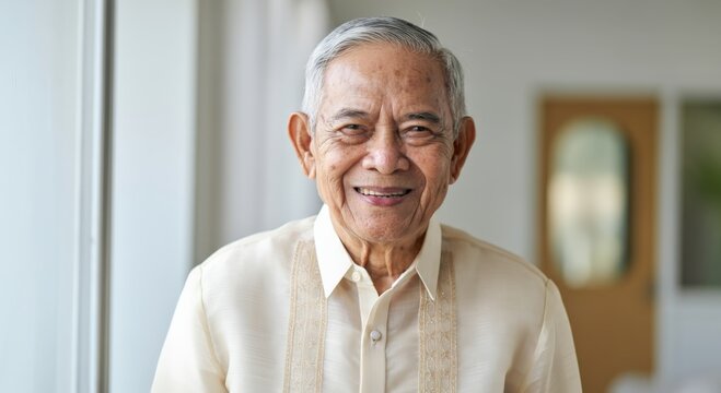 Elderly asian male smiling in traditional barong tagalog outfit indoors