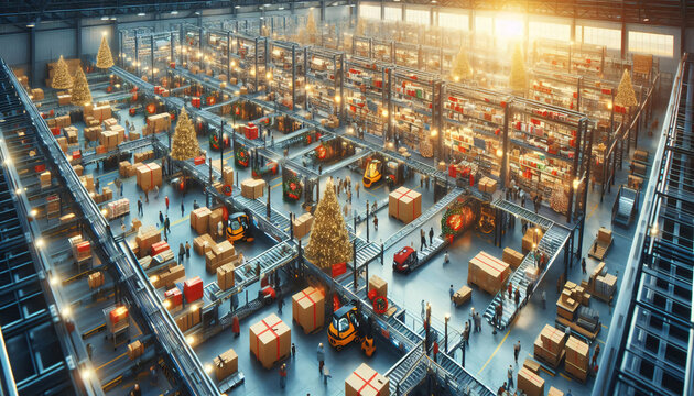 A bustling christmas season warehouse with automated systems efficiently handling gift packages