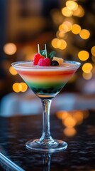 A colorful layered dessert in a glass, garnished with fruits and set against a blurred background.