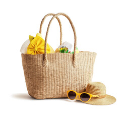 Summer beach vacation accessories bag cap strawn hat sunglass isolated on white
