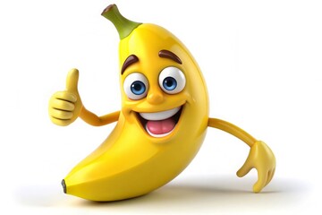 3D illustration of a cheerful banana character with a glossy finish on a yellow background